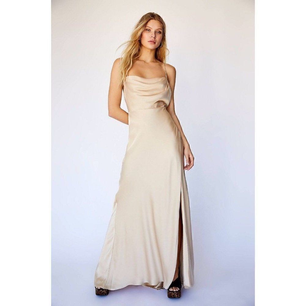 NEW FREE PEOPLE FAME & PARTNERS Sz 10 THE ROSABEL SATIN MAXI DRESS CHAMPAGNE